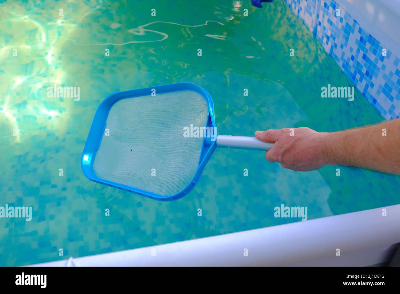 Swimming Pool for cleaning the pool in male hands on blue
