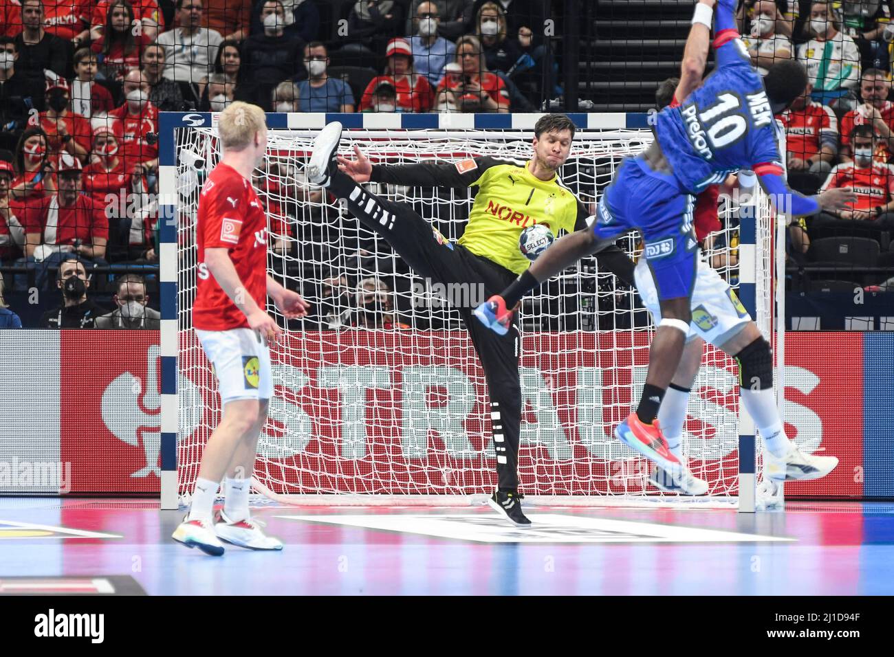 Goalkeeper Niklas Landin Jacobsen (Denmark) with the save against France. EHF Euro 2022. Bronze