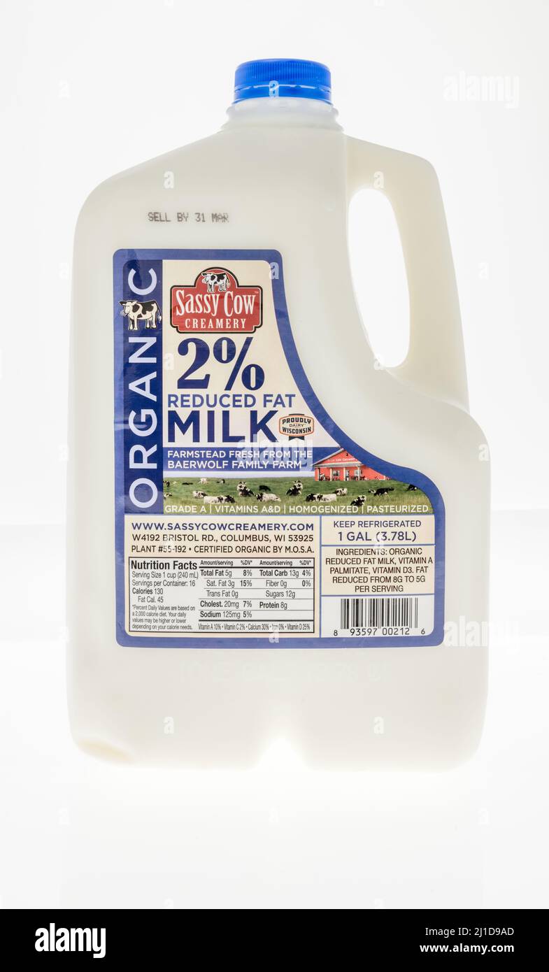 Winneconne, WI -20 March 2021: A package of Sassy cow creamery organic milk on an isolated background Stock Photo