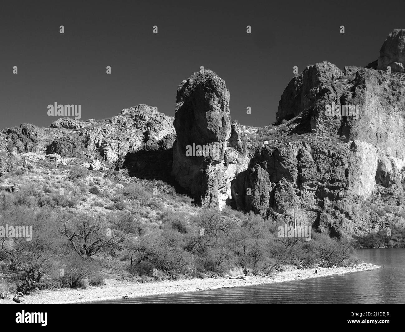 Canyon Lake, Arizona landscapes in color and monotone showing the amazing topography. The lake is surrounded by steep cliffs and majestic vistas. Stock Photo