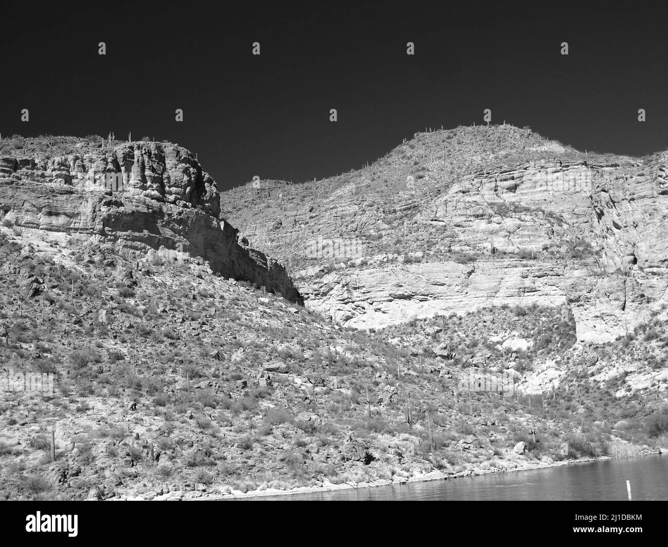 Canyon Lake, Arizona landscapes in color and monotone showing the amazing topography. The lake is surrounded by steep cliffs and majestic vistas. Stock Photo