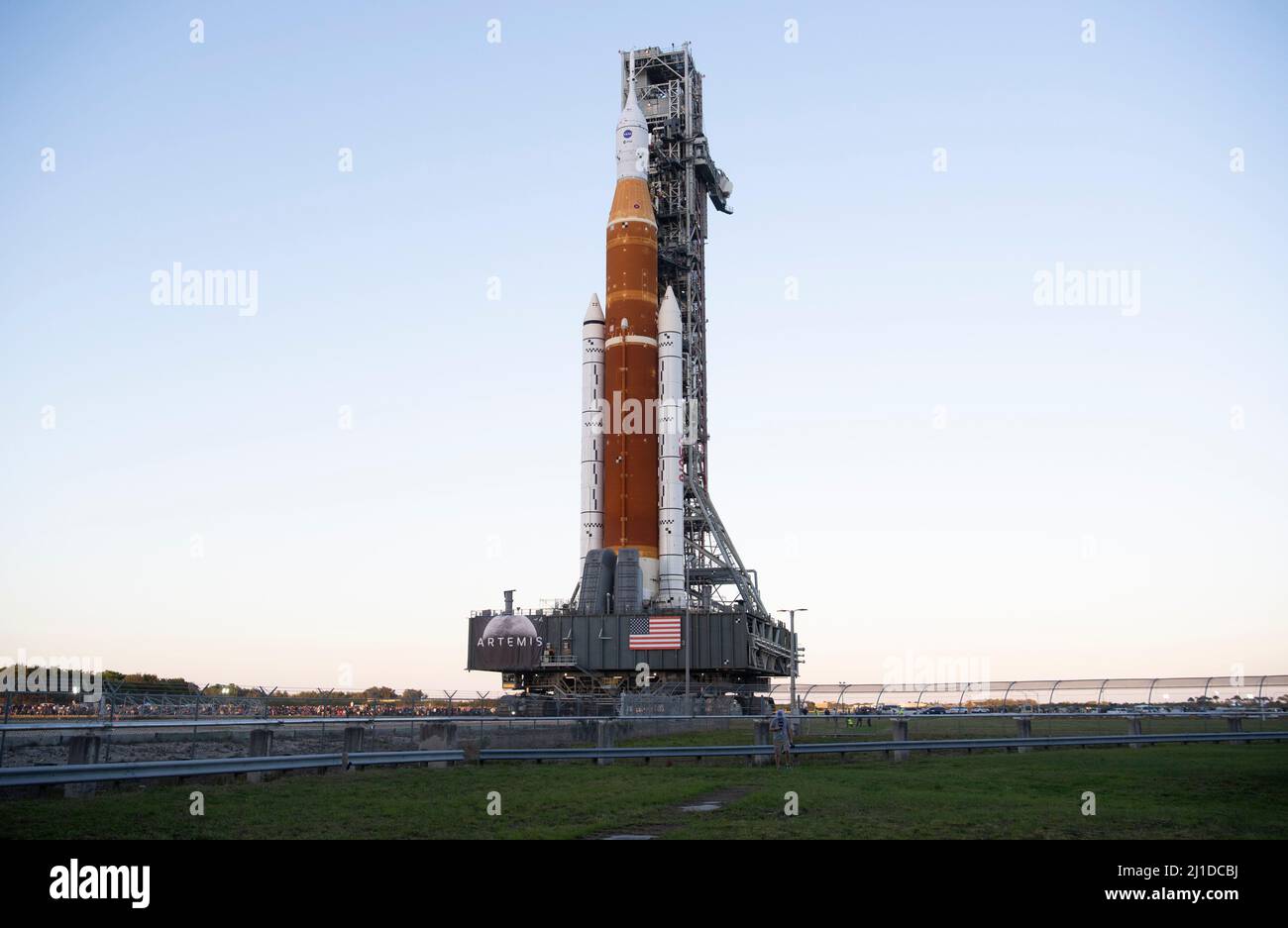 NASAs Space Launch System (SLS) rocket with the Orion spacecraft aboard is seen atop a mobile launcher as it rolls out of High Bay 3 of the Vehicle Assembly Building for the first time to Launch Complex 39B, Thursday, March 17, 2022, at NASAs Kennedy Space Center in Florida. Ahead of NASAs Artemis I flight test, the fully stacked and integrated SLS rocket and Orion spacecraft will undergo a wet dress rehearsal at Launch Complex 39B to verify systems and practice countdown procedures for the first launch. Mandatory Credit: Joel Kowsky/NASA via CNP Stock Photo