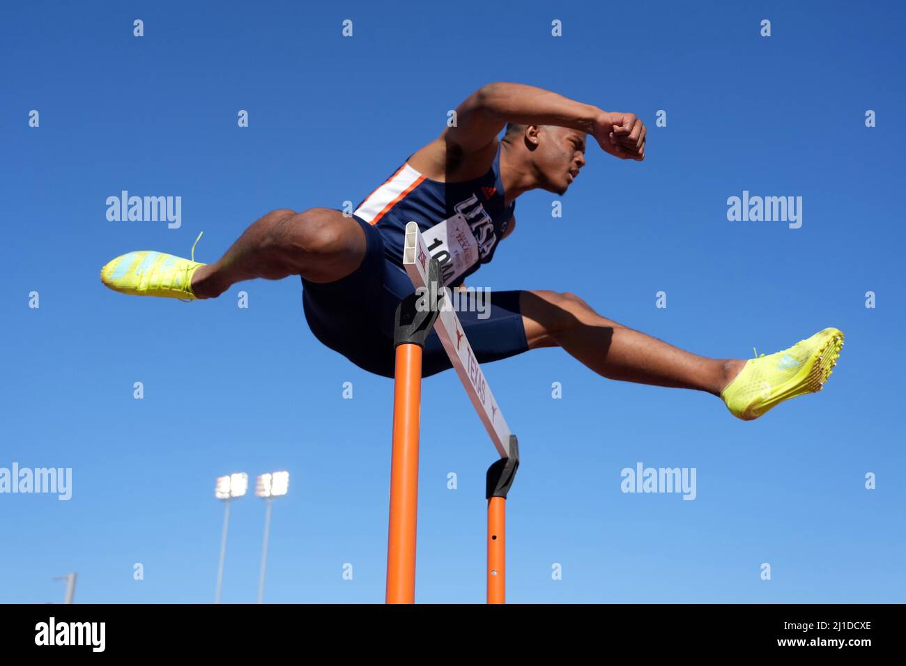 Gabriel Green of UTSA runs in a 400m hurdles heat during the 94th Clyde Littlefield Texas Relays