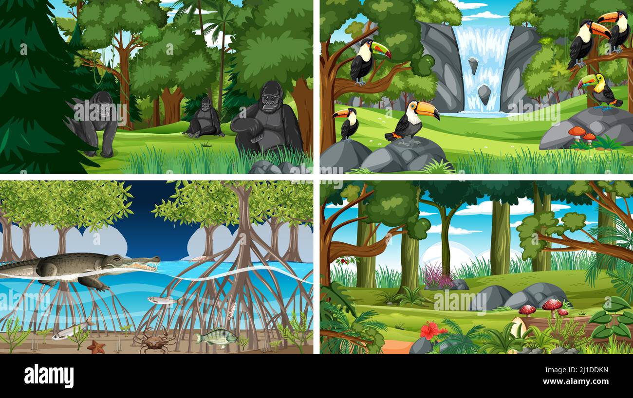 Different forest scenes with wild animals illustration Stock Vector ...