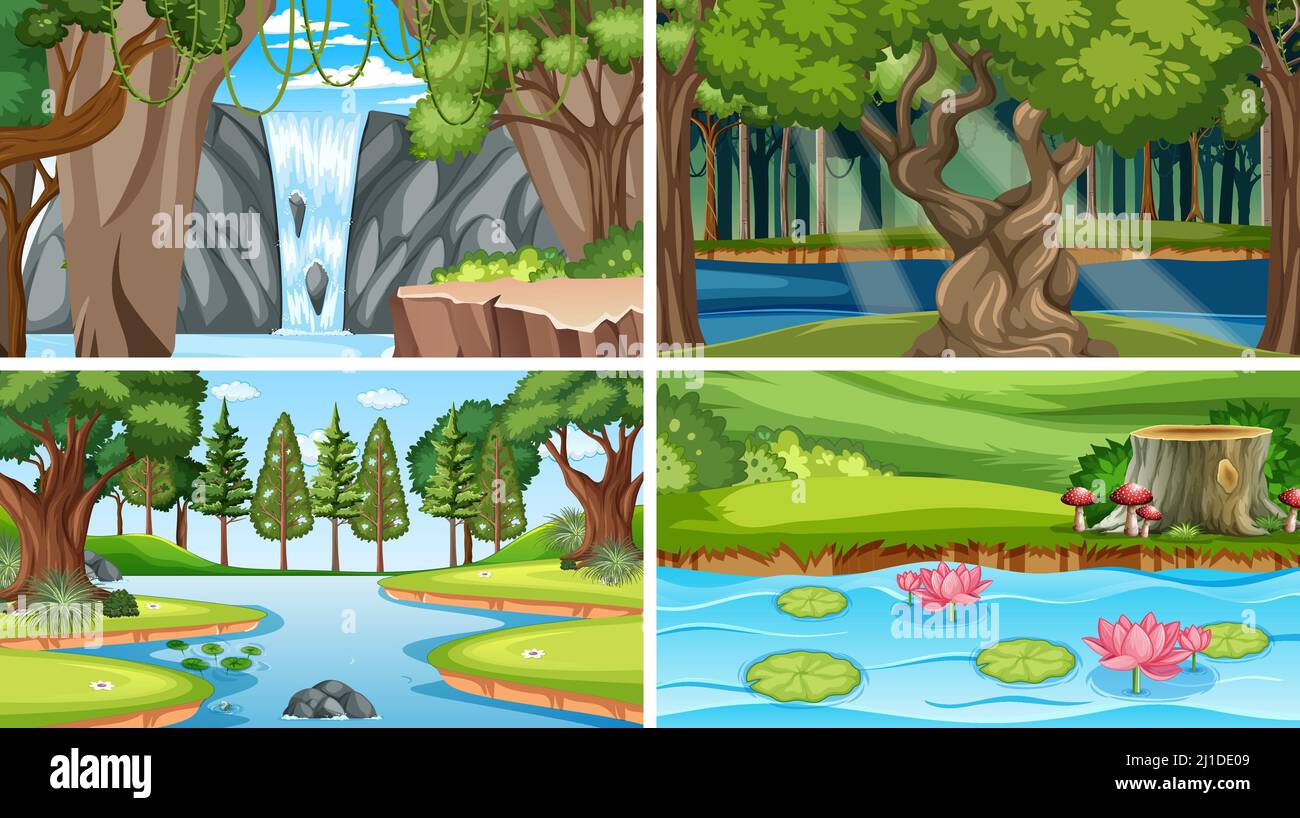 Nature scene with many trees and river illustration Stock Vector Image ...