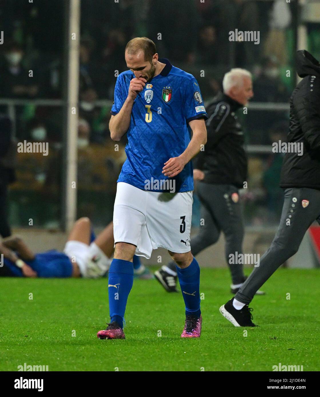 Palermo, Italy. 24th Mar, 2022. Italy's Giorgio Chiellini reacts at the end of the 2022 World Cup qualifying play-off football match between Italy and North Macedonia in Palermo, Italy, on March 24, 2022. Credit: Alberto Lingria/Xinhua/Alamy Live News Stock Photo