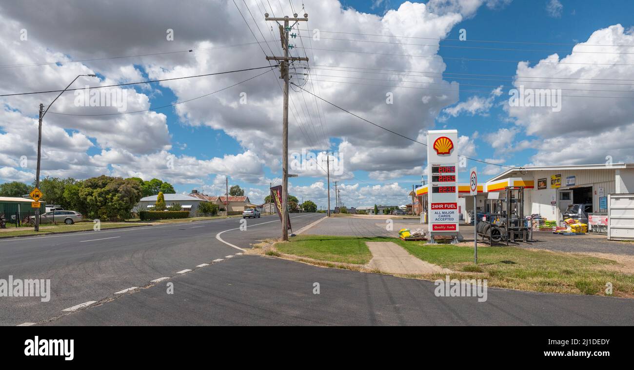 View down the main street showing the Shell servo on the right