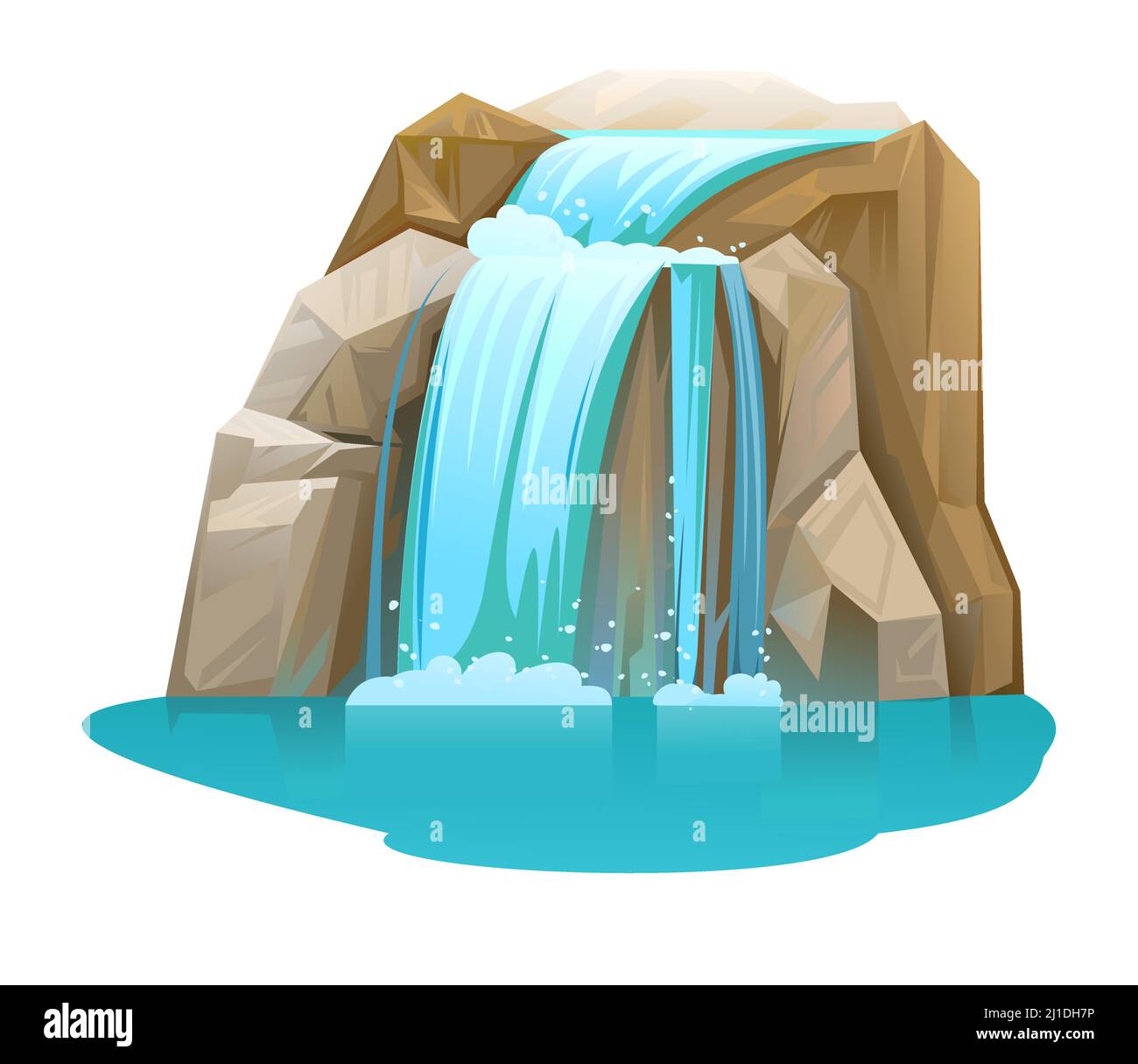 Waterfall among rocks. Cascade shimmers downward. Water flowing. Cool cartoon style. Object isolated on white background. Goes down obliquely. Vector. Stock Vector