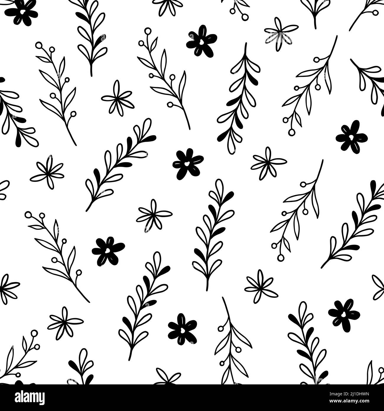 Hand drawn leaf, flower seamless pattern. Doodle simple froral style ...