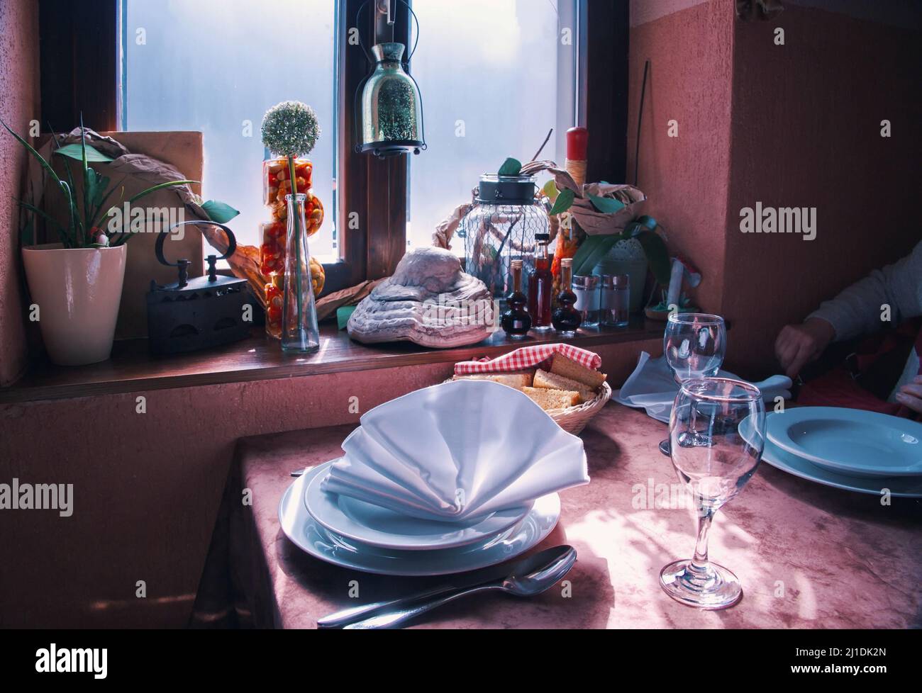 Table in restaurant served for dinner Stock Photo