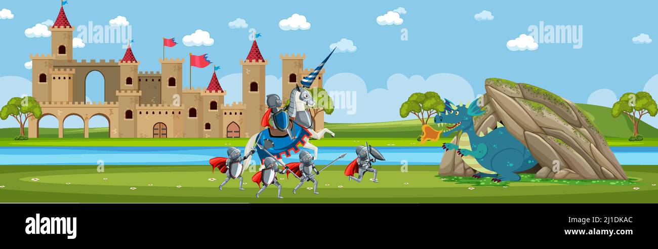 Scene with knight and dragon in fairytale land illustration Stock ...
