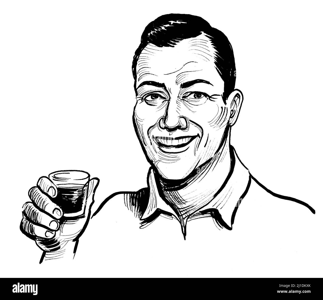 Man drinking glass of whiskey. Ink black and white drawing Stock Photo
