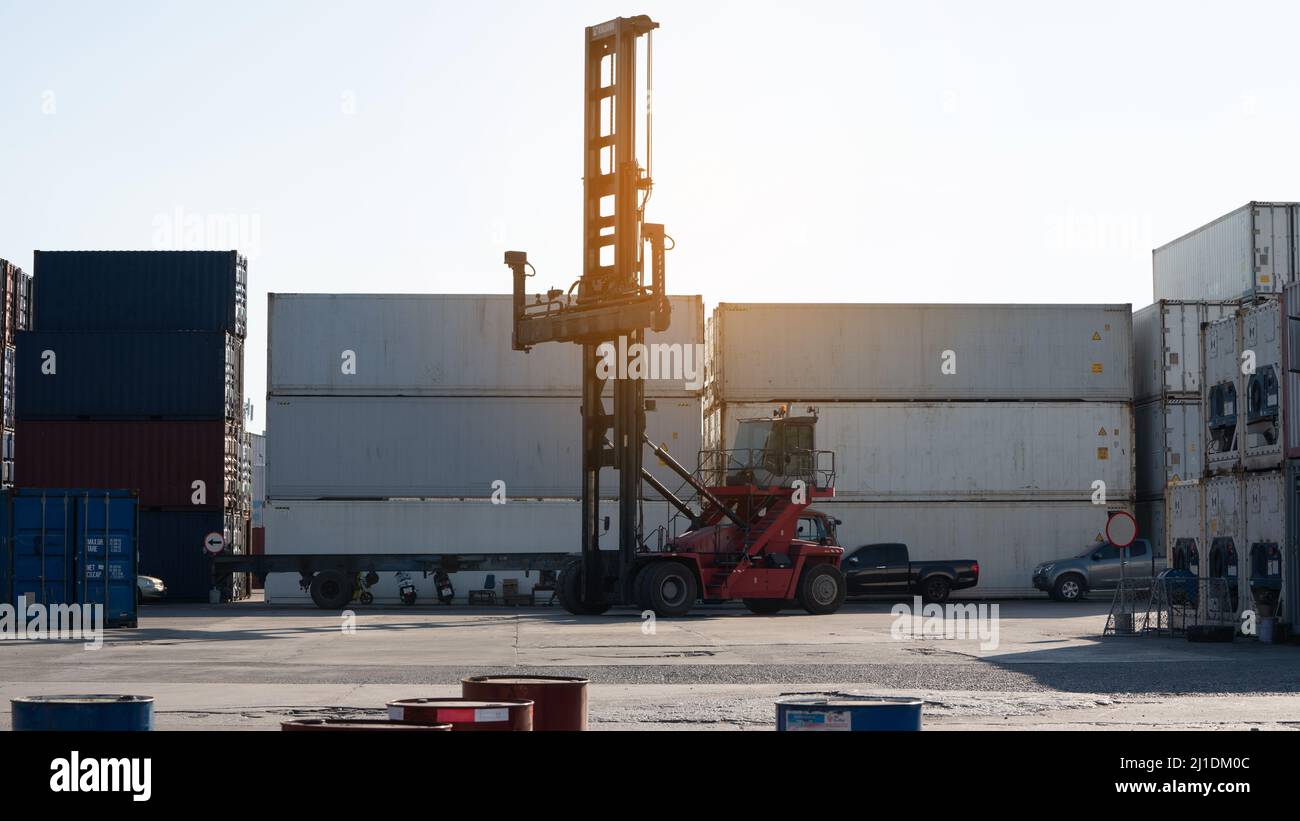 forklift working in the container cargo yard port loading cargo tank ...