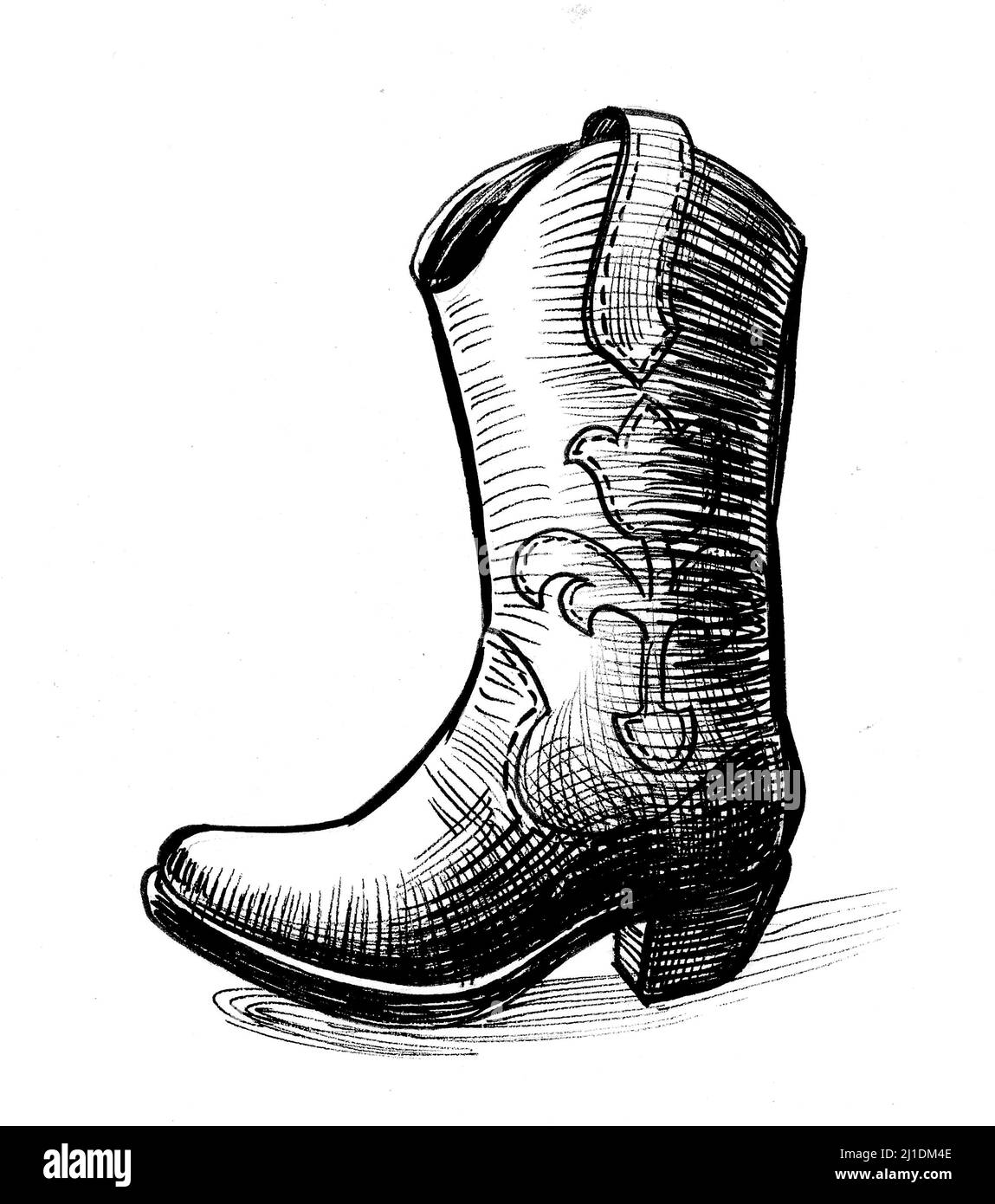 Cowboy boot. Ink black and white drawing Stock Photo Alamy