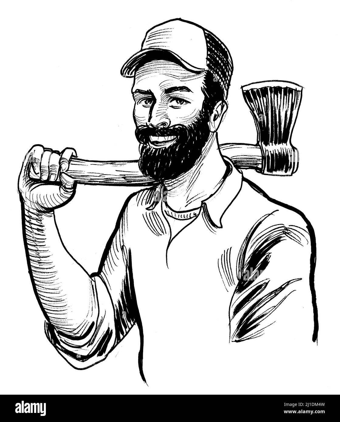 Lumberjack with axe. Ink black and white drawing Stock Photo