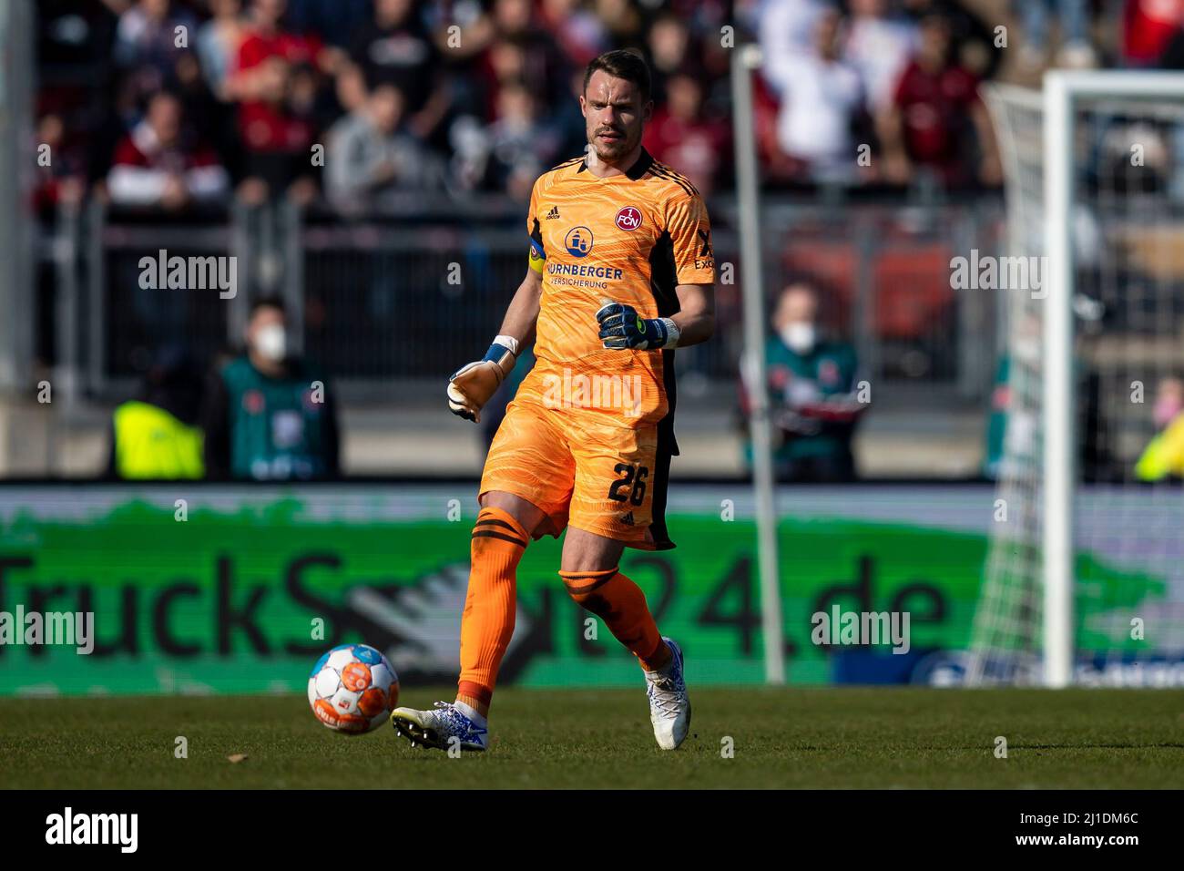 Nuremberg, Germany. 20th Mar, 2022. Soccer: 2nd Bundesliga, 1. FC Nürnberg - Dynamo Dresden, Matchday 27, Max Morlock Stadium. Nuremberg goalkeeper Christian Mathenia in action. Credit: Tom Weller/dpa - IMPORTANT NOTE: In accordance with the requirements of the DFL Deutsche Fußball Liga and the DFB Deutscher Fußball-Bund, it is prohibited to use or have used photographs taken in the stadium and/or of the match in the form of sequence pictures and/or video-like photo series./dpa/Alamy Live News Stock Photo