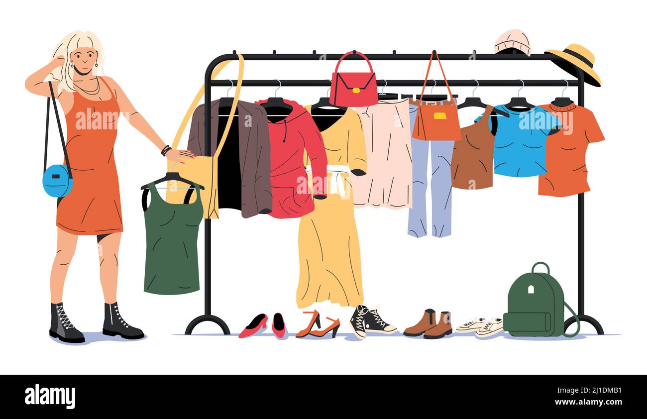 Clothes and Accessories Hanging on Hanger. Stock Vector