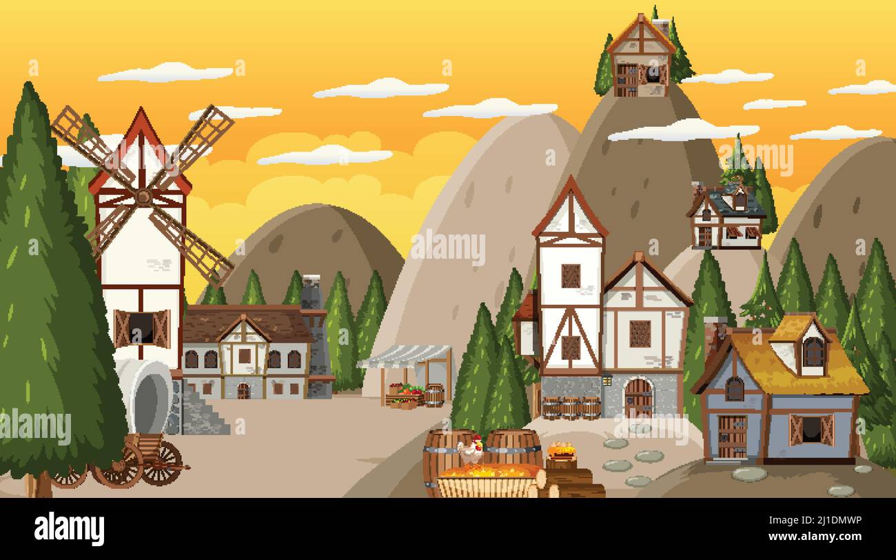 Medieval town scene with sunset illustration Stock Vector Image & Art ...