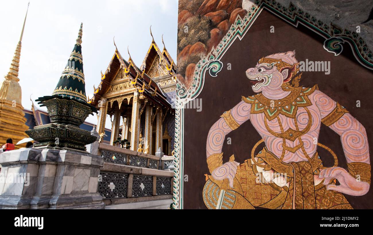 Art painting on the wall of the ancient temple at Wat Phra Kaew or The Grand Palace, Temple of the Emerald Buddha, tourist attractions in Thailand. Stock Photo