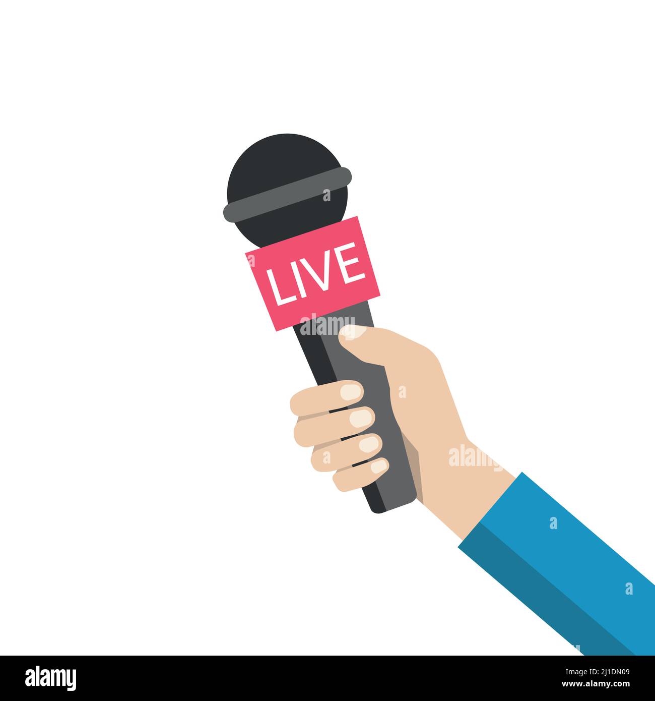 Journalist hand holding microphones performing interview. Illustration
