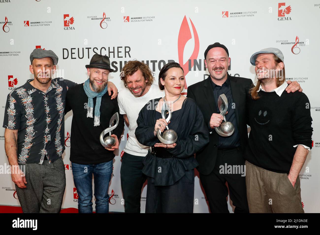 Berlin, Germany. 24th Mar, 2022. Laudator Sportfreunde Stiller and the band Großstadtgeflüster who wins the award in the category 'Text Rock/Pop' at the 13th German Music Authors Award ceremony at the Ritz-Carlton Hotel. Credit: Gerald Matzka/dpa/Alamy Live News Stock Photo