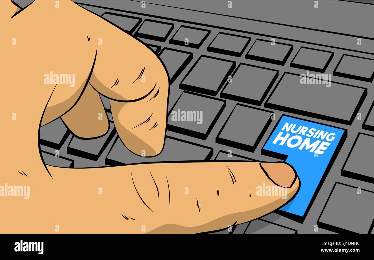 Nursing Home word on computer keyboard. Man push keypad on laptop. Comic book style concept. Stock Vector