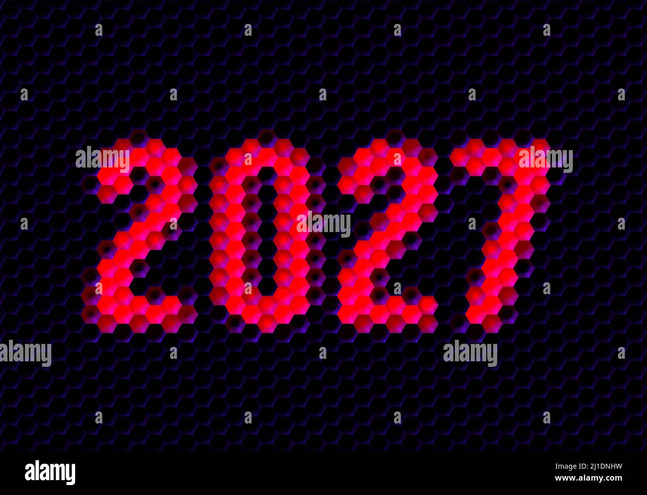 Sign of the year 2027 with hex pixel grid. New Years number or digits
