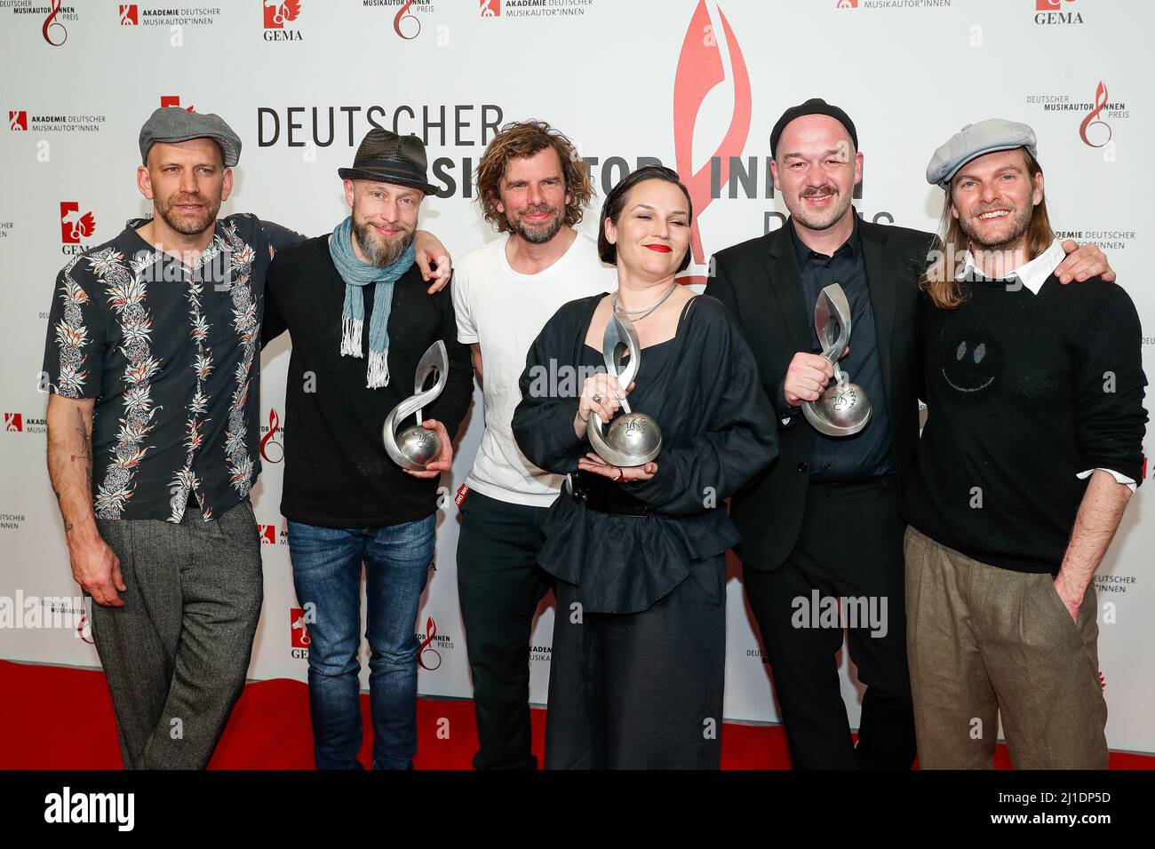 Berlin, Germany. 24th Mar, 2022. Laudator Sportfreunde Stiller and the band Großstadtgeflüster who wins the award in the category 'Text Rock/Pop' at the 13th German Music Authors Award ceremony at the Ritz-Carlton Hotel. Credit: Gerald Matzka/dpa/Alamy Live News Stock Photo