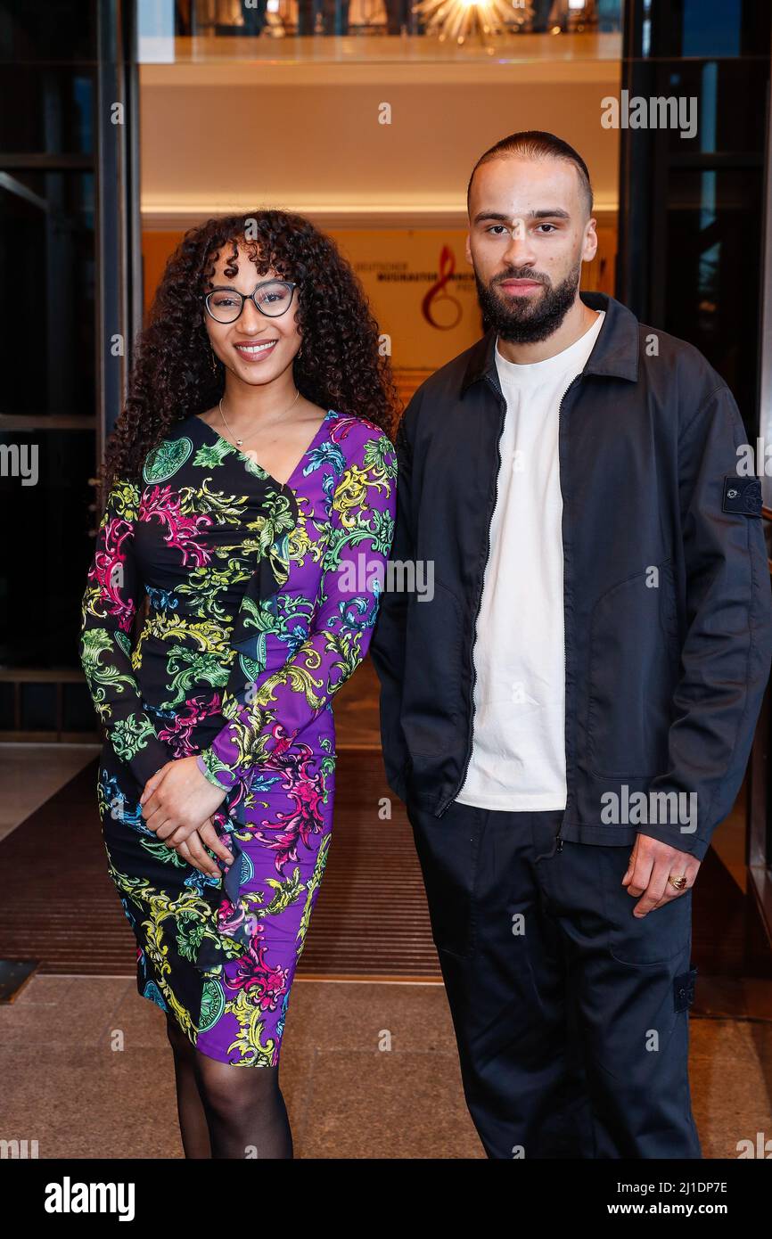 Berlin, Germany. 24th Mar, 2022. Lucry and Suena arrive at the 13th German Music Authors Award ceremony at the Ritz-Carlton Hotel. Credit: Gerald Matzka/dpa/Alamy Live News Stock Photo