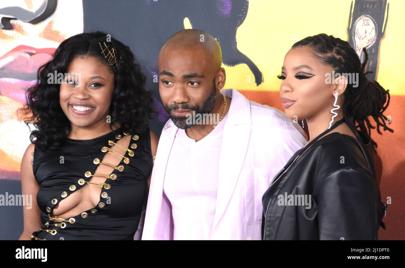 Los Angeles, California, USA. 24th Mar, 2022. Actress Dominique Fishback, Actor Donald Glover and Singer/Actress Chloe Bailey attend the Premiere of FX's 'Atlanta' Season 3 at Hollywood Forever Cemetery on March 24, 2022 in Los Angeles, California, USA. Credit: Barry King/Alamy Live News Stock Photo