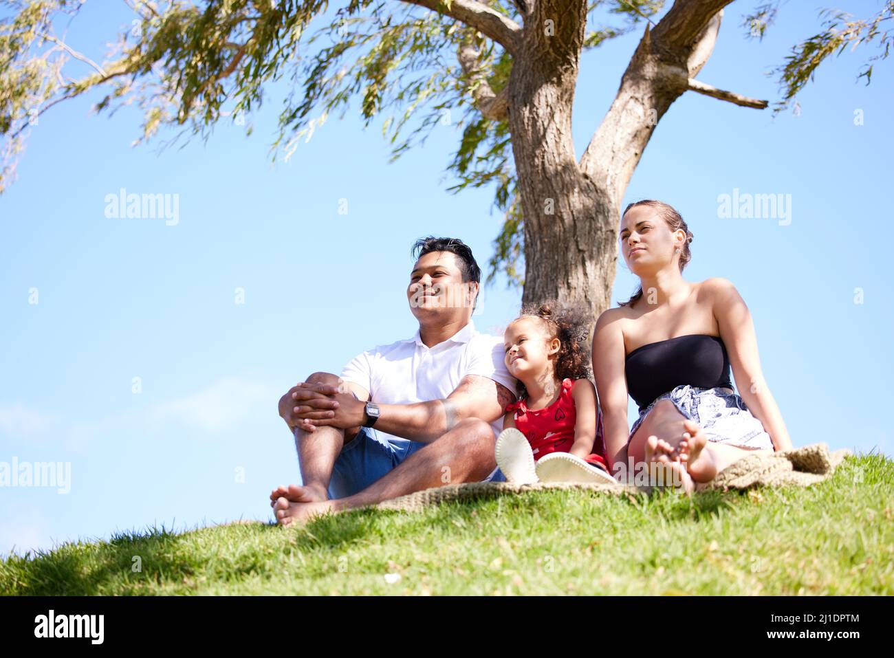 Theres always time for a family outing. Shot of a little girl on a picnic at the park with her parents. Stock Photo