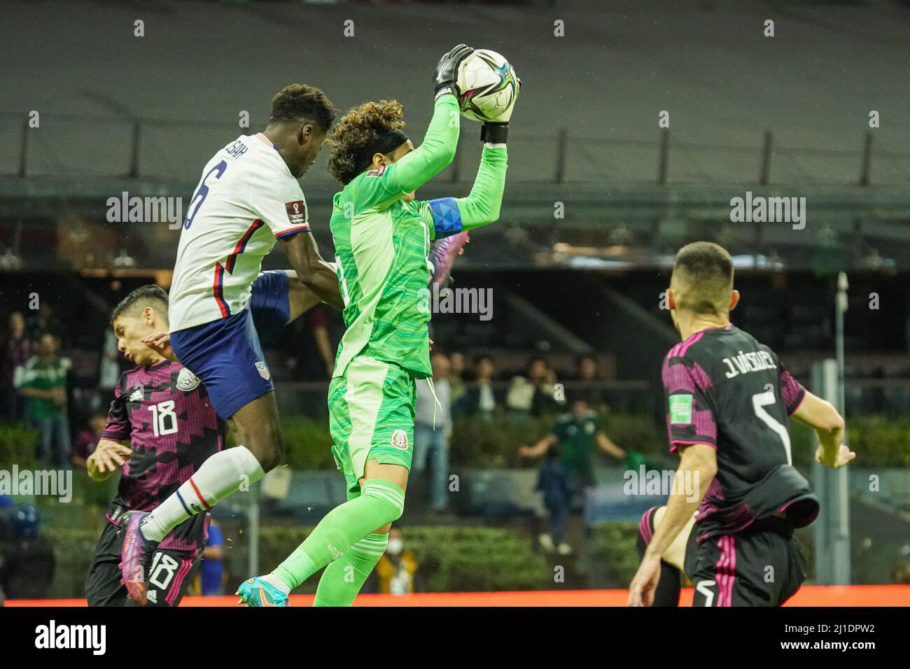 Mexico City, Mexico, March 24, 2022,  Mexico Goalkeeper Francisco Guillermo Ochoa-Magana #13 makes a save in the 2022 World Cup Qualifier at Allianz Field.  (Photo Credit:  Marty Jean-Louis) Stock Photo