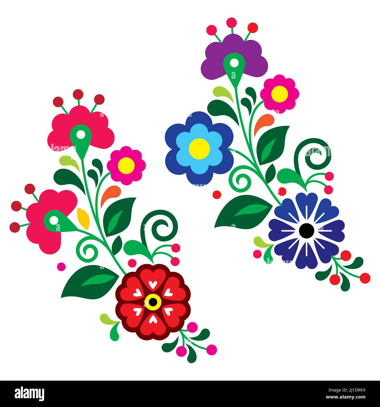 Mexican folk art style vector floral pattern set of two, designs collection inspired by traditional embroidery from Mexico Stock Vector