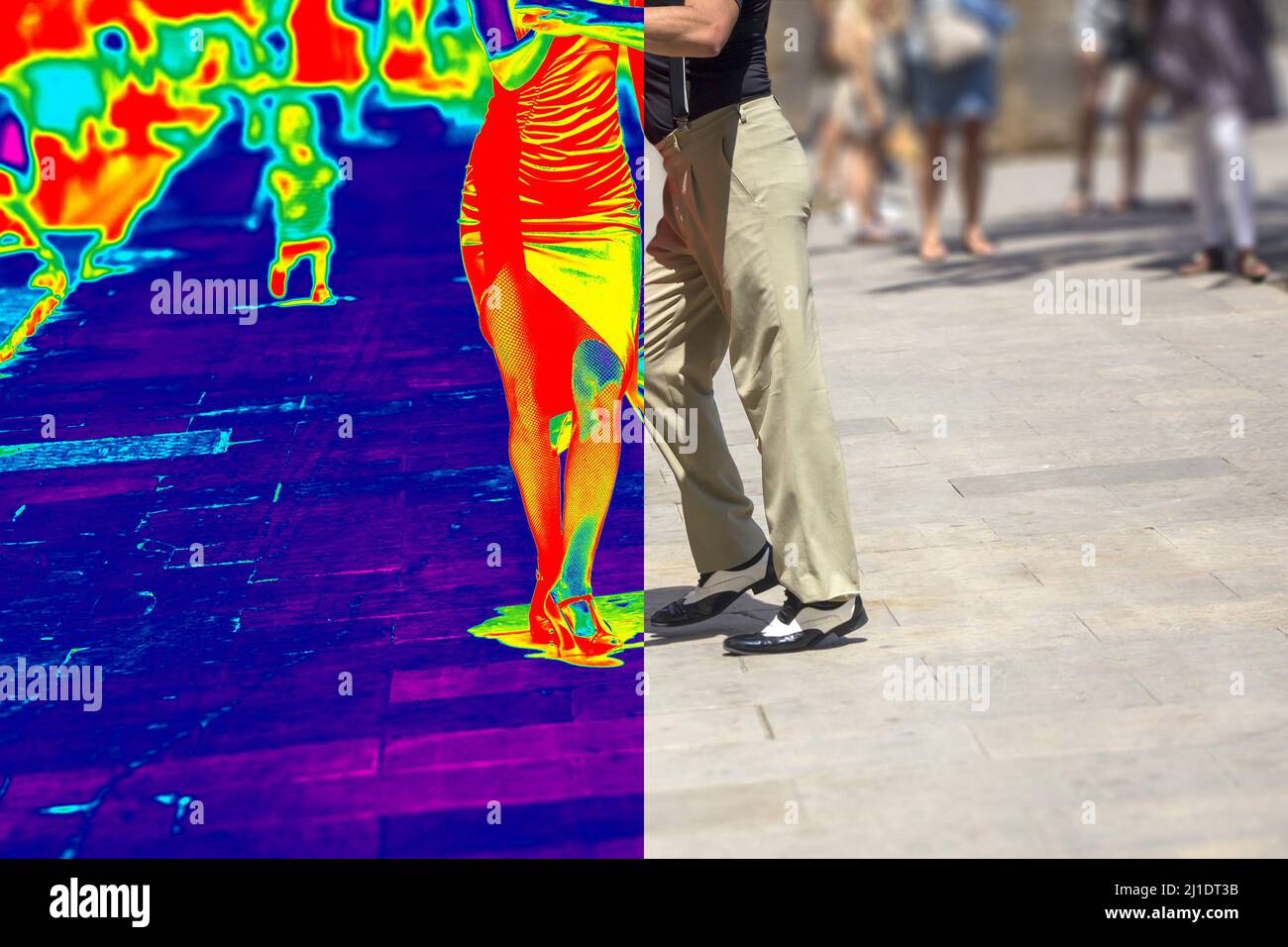 Thermal and real image of Street dancers performing tango Stock Photo