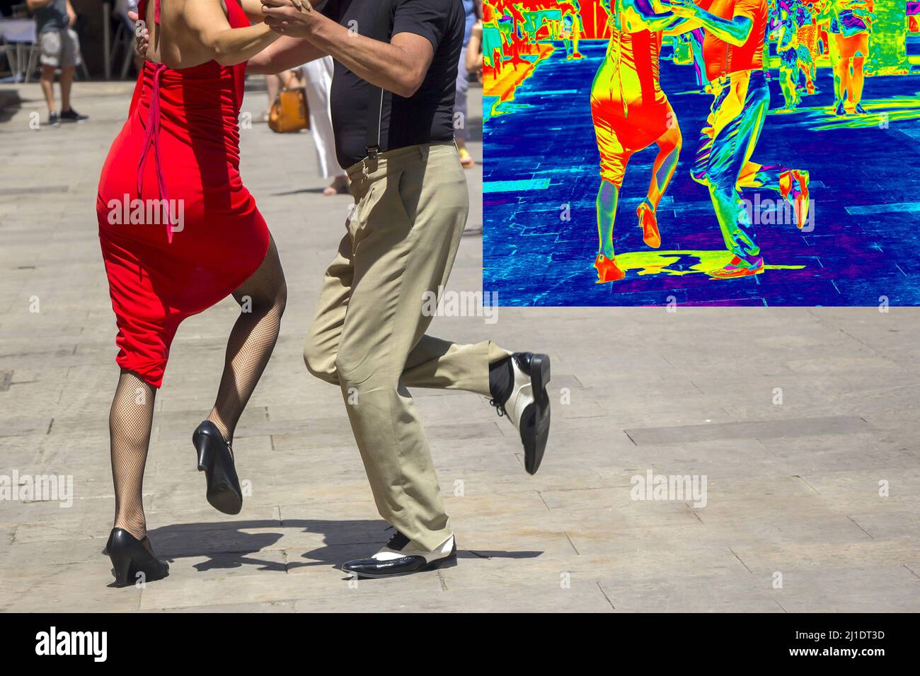 Thermal and real image of Street dancers performing tango Stock Photo