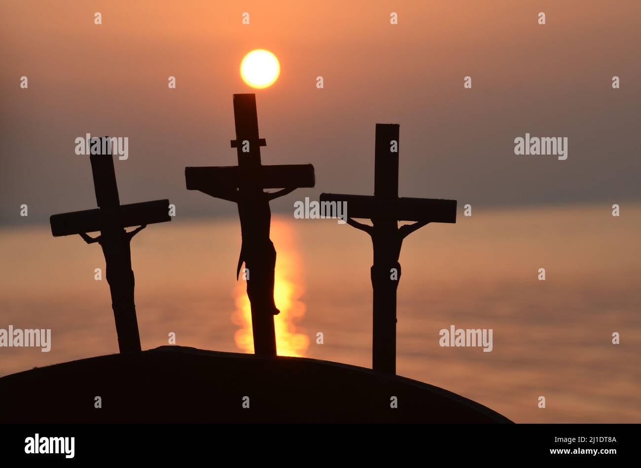 Silhouette of Golgotha mountain in the evening at sunset. Stock Photo