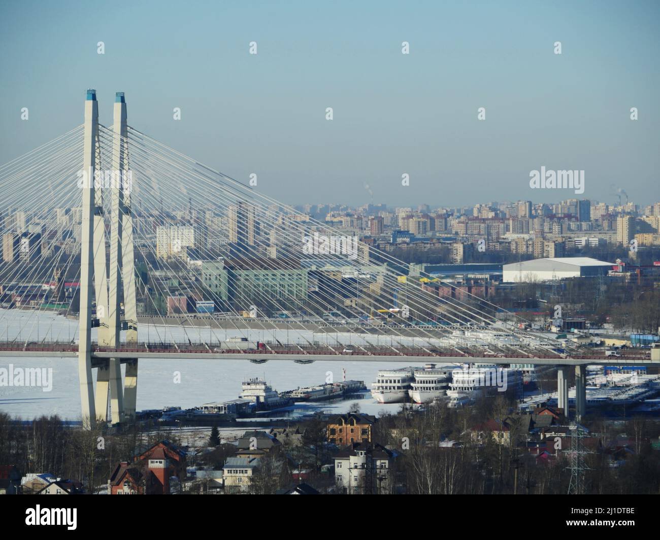 Big cable-stayed bridge view from above on St. Petersburg in winter Stock Photo