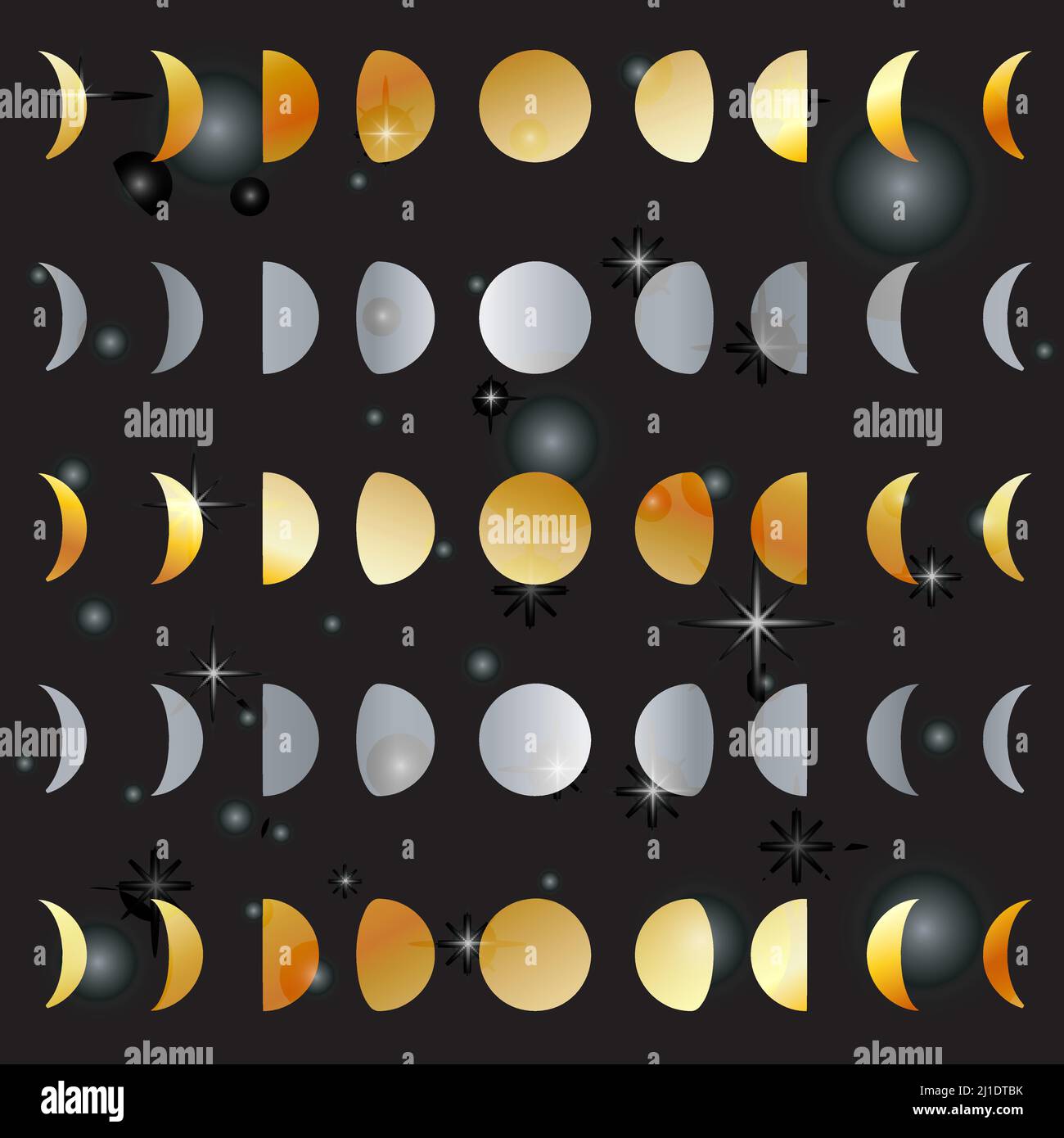 Celestial Moon phases and stars background in silver and gold Stock
