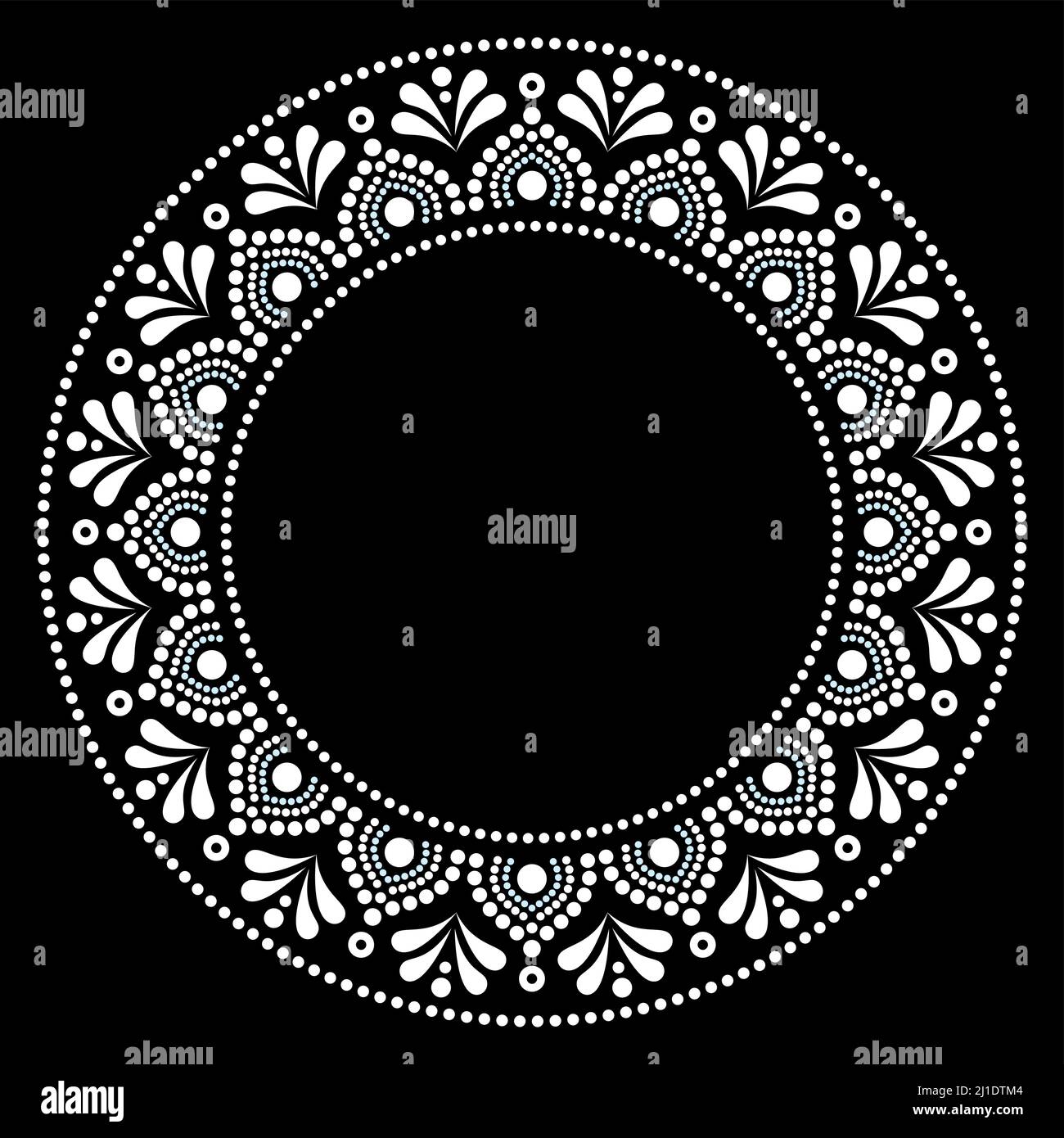 Aboriginal dot art mandala vector frame or border design, white traditional decorative pattern on black background Stock Vector