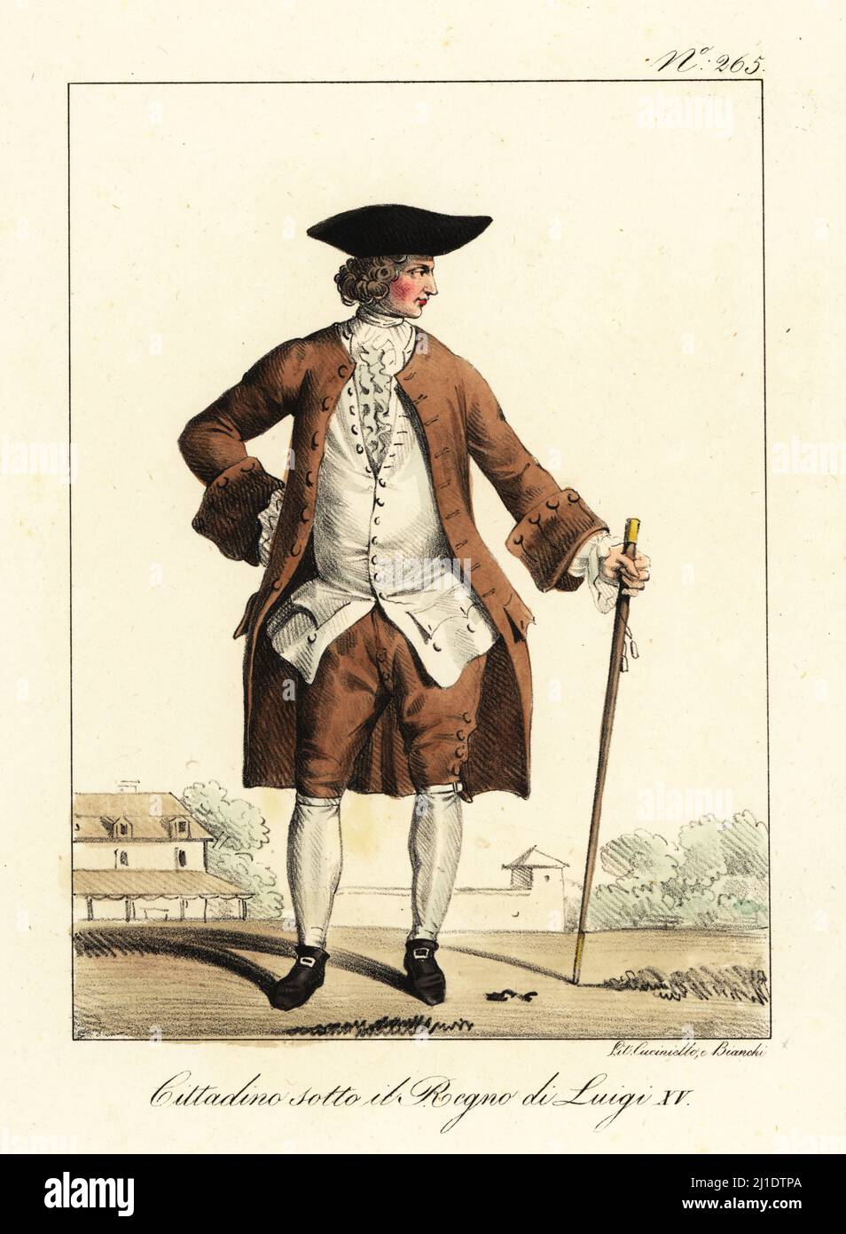 Costume of a French bourgeois man, mid-18th century. In bicorne hat, coat, waistcoat and breeches, buckle shoes, with cane. Bourgeois sous le Regne de Louis XV. Handcoloured lithograph by Lorenzo Bianchi and Domenico Cuciniello after Hippolyte Lecomte from Costumi civili e militari della monarchia francese dal 1200 al 1820, Naples, 1825. Italian edition of Lecomte’s Civilian and military costumes of the French monarchy from 1200 to 1820. Stock Photo