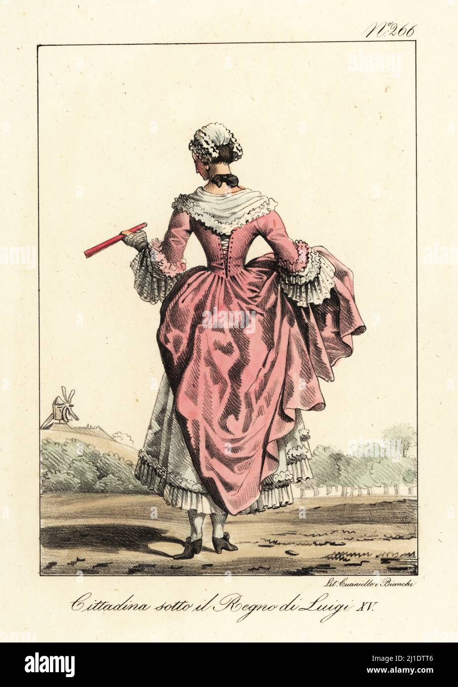 Rear view of the costume of a French bourgeois woman, mid-18th century. In dress with lace collar, cuffs and petticoats, bonnet and fan. Bourgeoise sous le Regne de Louis XV. Handcoloured lithograph by Lorenzo Bianchi and Domenico Cuciniello after Hippolyte Lecomte from Costumi civili e militari della monarchia francese dal 1200 al 1820, Naples, 1825. Italian edition of Lecomte’s Civilian and military costumes of the French monarchy from 1200 to 1820. Stock Photo