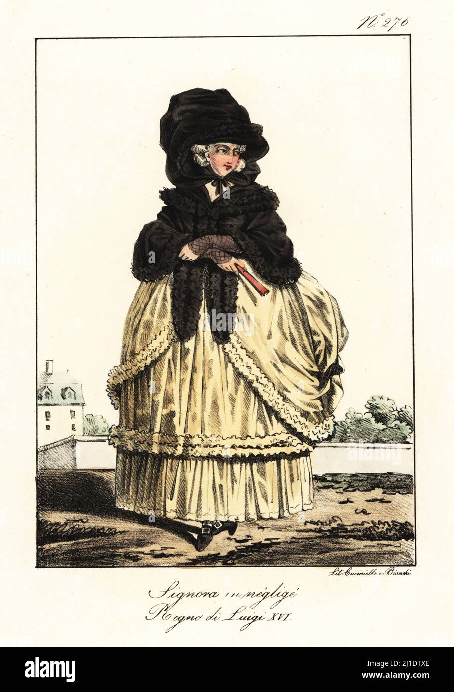 French woman in casual outfit, reign of King Louis XVI, late 18th century. Large black bonnet and lace shawl over a hoopskirt with frills and ruches. Dame en neglige. Regne de Louis XVI. Handcoloured lithograph by Lorenzo Bianchi and Domenico Cuciniello after Hippolyte Lecomte from Costumi civili e militari della monarchia francese dal 1200 al 1820, Naples, 1825. Italian edition of Lecomte’s Civilian and military costumes of the French monarchy from 1200 to 1820. Stock Photo