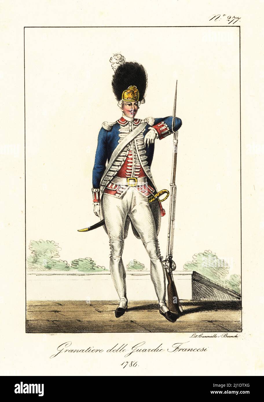 Grenadier of the French Guards, elite infantry regiment, 1786. In plumed bearskin helmet, blue coat with frogging and epaulettes, red waistcoat, white breeches, armed with sword and musket with bayonet. Grenadier aux Gardes Francaises. Handcoloured lithograph by Lorenzo Bianchi and Domenico Cuciniello after Hippolyte Lecomte from Costumi civili e militari della monarchia francese dal 1200 al 1820, Naples, 1825. Italian edition of Lecomte’s Civilian and military costumes of the French monarchy from 1200 to 1820. Stock Photo