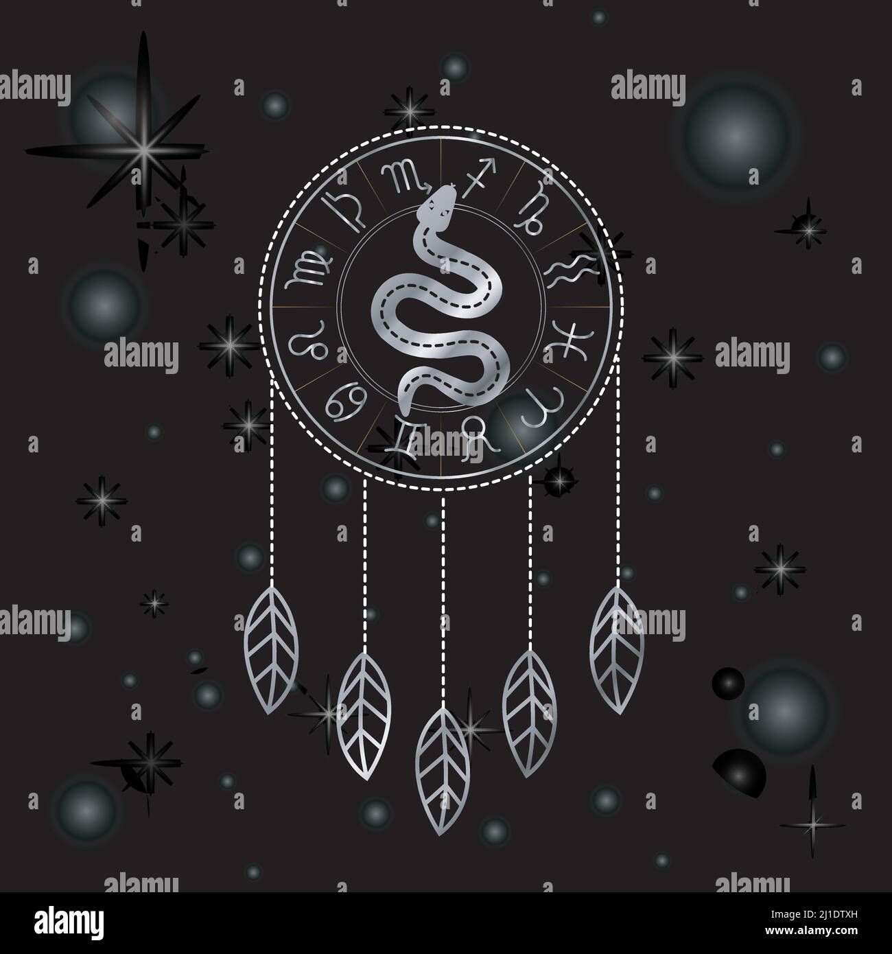 Dreamcatcher Zodiac symbols astrology horoscope signs with mystic snake in silver Stock Vector