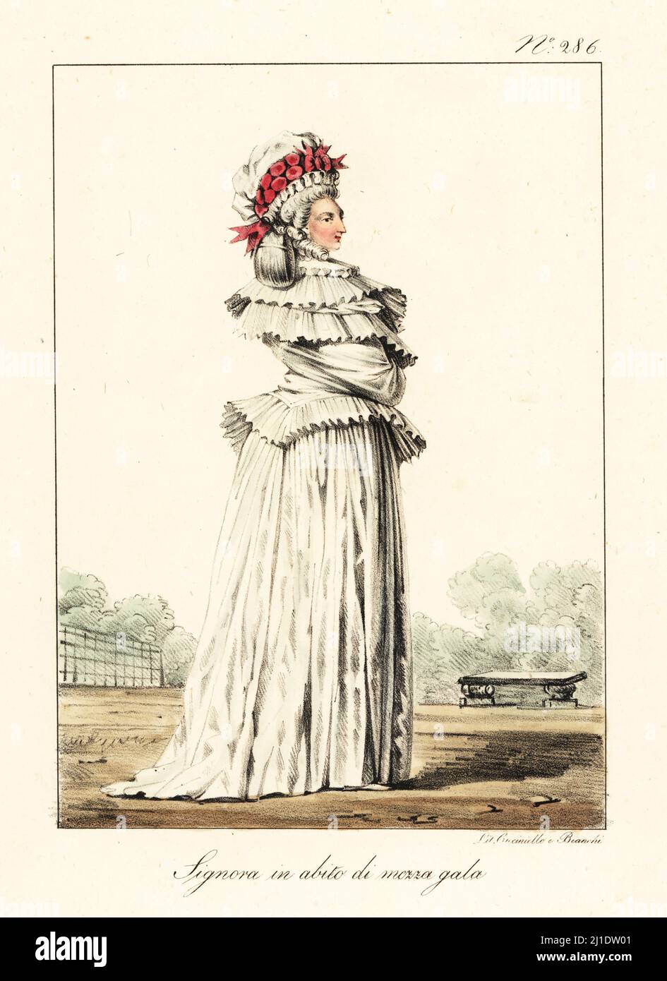 French woman in semi-formal costume, late 18th century. Bonnet decorated with frills and roses, shawl and gown adorned with frills and ruches. Costume de Dame, demi-parure. Handcoloured lithograph by Lorenzo Bianchi and Domenico Cuciniello after Hippolyte Lecomte from Costumi civili e militari della monarchia francese dal 1200 al 1820, Naples, 1825. Italian edition of Lecomte’s Civilian and military costumes of the French monarchy from 1200 to 1820. Stock Photo