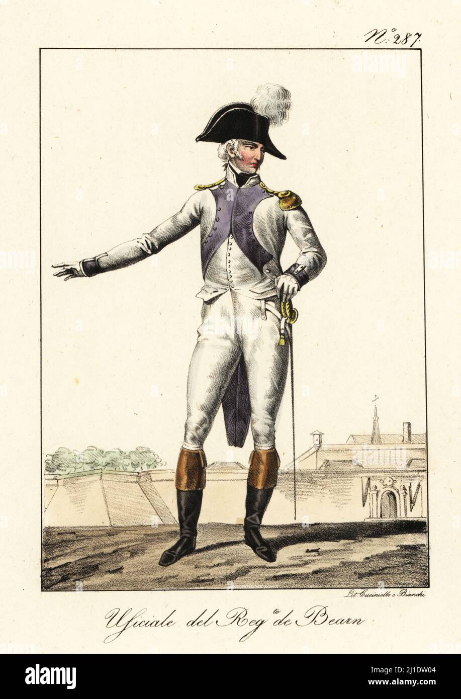 Officer in uniform of the Bearn Regiment, late 18th century. French Army regiment active from 1684-1762 that fought in the Seven Years' War. In bicorne with plume, white uniform with lilac cuffs and lapels, epaulettes, boots, sabre. Officier au Regiment de Bearn. Handcoloured lithograph by Lorenzo Bianchi and Domenico Cuciniello after Hippolyte Lecomte from Costumi civili e militari della monarchia francese dal 1200 al 1820, Naples, 1825. Italian edition of Lecomte’s Civilian and military costumes of the French monarchy from 1200 to 1820. Stock Photo