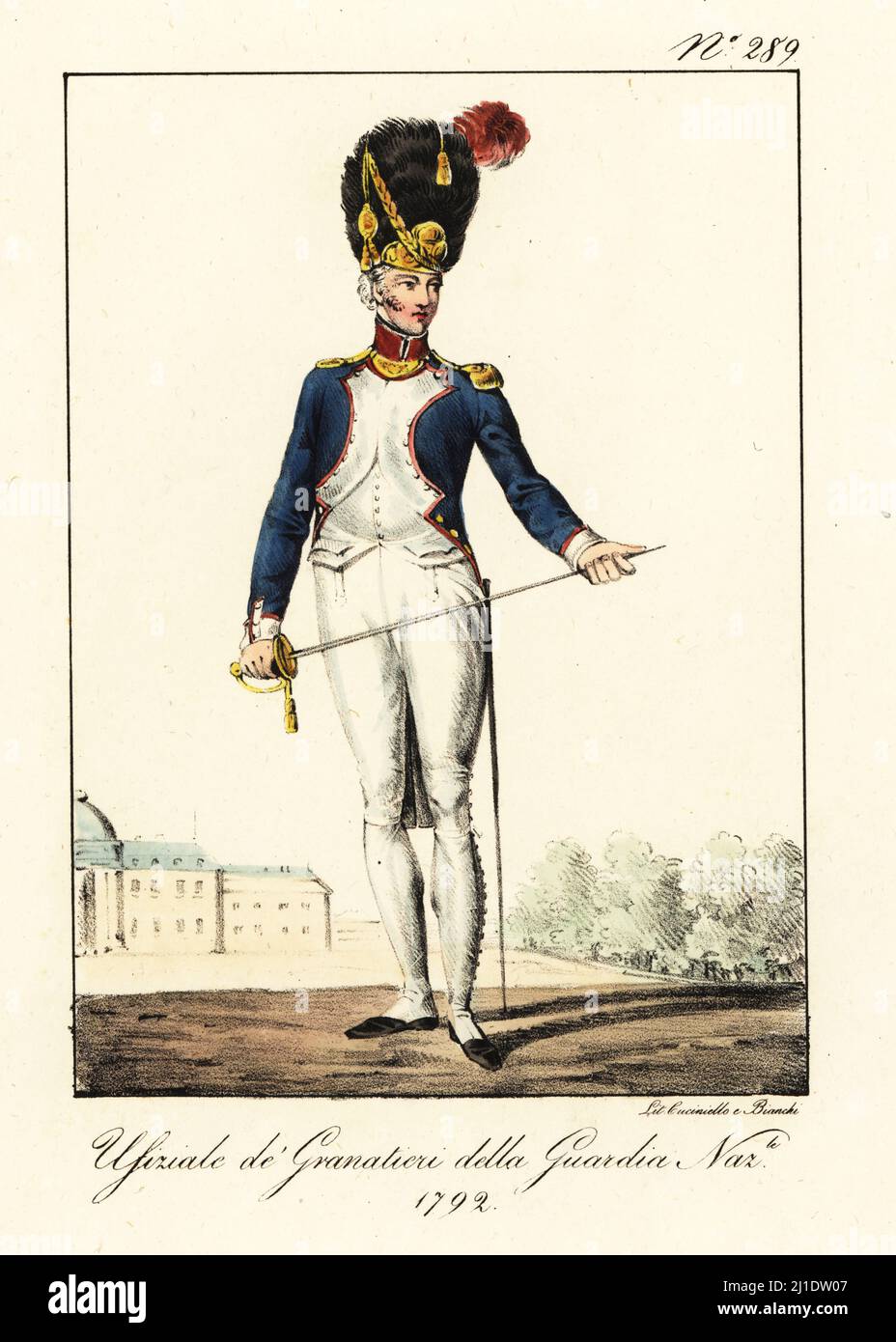 Uniform of an officer in the Grenadiers of the National Guard, 1792. In plumed bearskin helmet, blue jacket with gold epaulettes and gorgette, white breeches, gaiters, gold-hilt sword. The regiment was founded during the French Revolution in 1789. Officier de Grenadiers de la Garde Nationale. Handcoloured lithograph by Lorenzo Bianchi and Domenico Cuciniello after Hippolyte Lecomte from Costumi civili e militari della monarchia francese dal 1200 al 1820, Naples, 1825. Italian edition of Lecomte’s Civilian and military costumes of the French monarchy from 1200 to 1820. Stock Photo