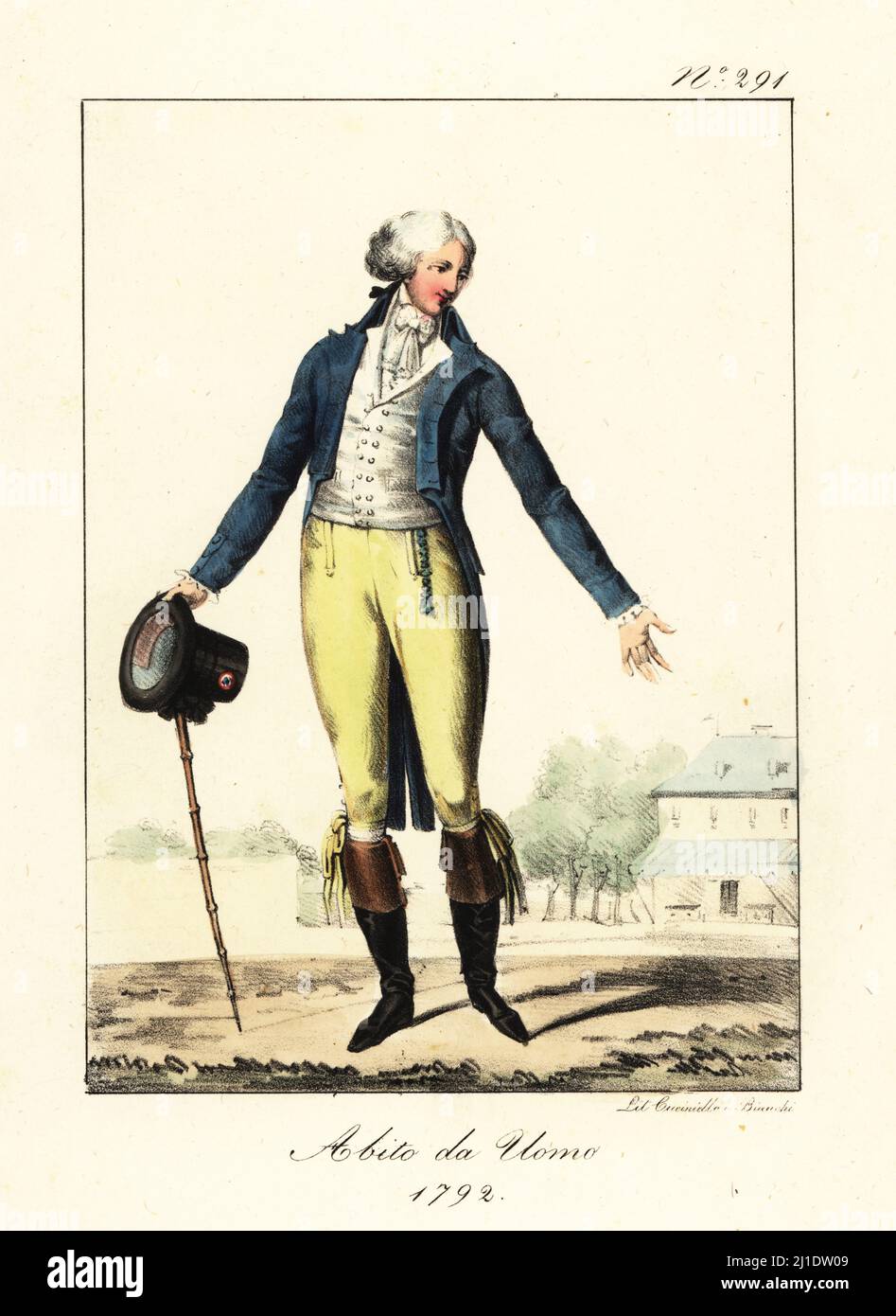 French dandy in the Revolutionary era, 1792. In blue coat, waistcoat,  yellow breeches, boots with high cuffs, top hat with tricolor cockade, and  cane. Costume d'Homme 1792. Handcoloured lithograph by Lorenzo Bianchi