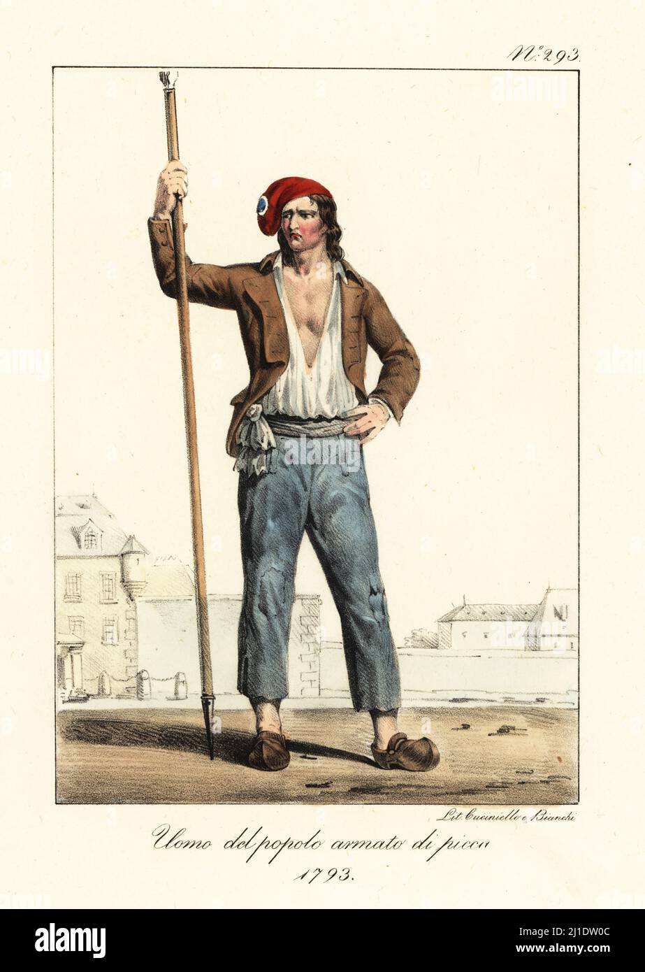 Costume of a commoner or sans culotte, French Revolution, 1793. He wears a red Phrygian cap with tricolor cockade, brown carmagnole coat, shirt, trousers, sabots or clogs, and holds a pike. Homme du people, arme d'une pique. Handcoloured lithograph by Lorenzo Bianchi and Domenico Cuciniello after Hippolyte Lecomte from Costumi civili e militari della monarchia francese dal 1200 al 1820, Naples, 1825. Italian edition of Lecomte’s Civilian and military costumes of the French monarchy from 1200 to 1820. Stock Photo