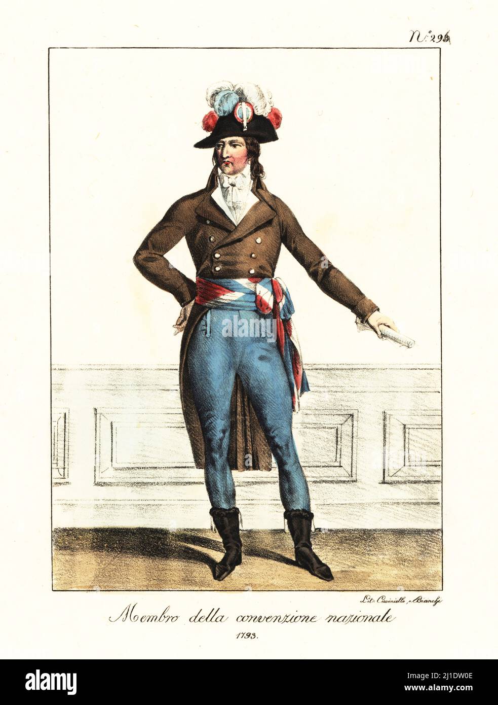 Costume of a Member of the National Convention, French Revolutionary era, 1793. In bicorne with tricolor plumes, brown coat, cravat, blue trousers, tricolor sash belt, calf-length boots. Membre de la Convention nationale. Handcoloured lithograph by Lorenzo Bianchi and Domenico Cuciniello after Hippolyte Lecomte from Costumi civili e militari della monarchia francese dal 1200 al 1820, Naples, 1825. Italian edition of Lecomte’s Civilian and military costumes of the French monarchy from 1200 to 1820. Stock Photo